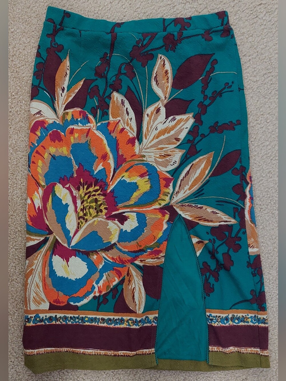 Teal Floral Midi Skirt - Vibrant Multicolor Print. Size Medium. S-605